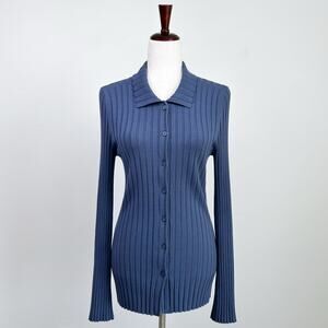 Nordstrom Open Edit Blue Rib Knit Collar Button-Up Long Sleeve Top